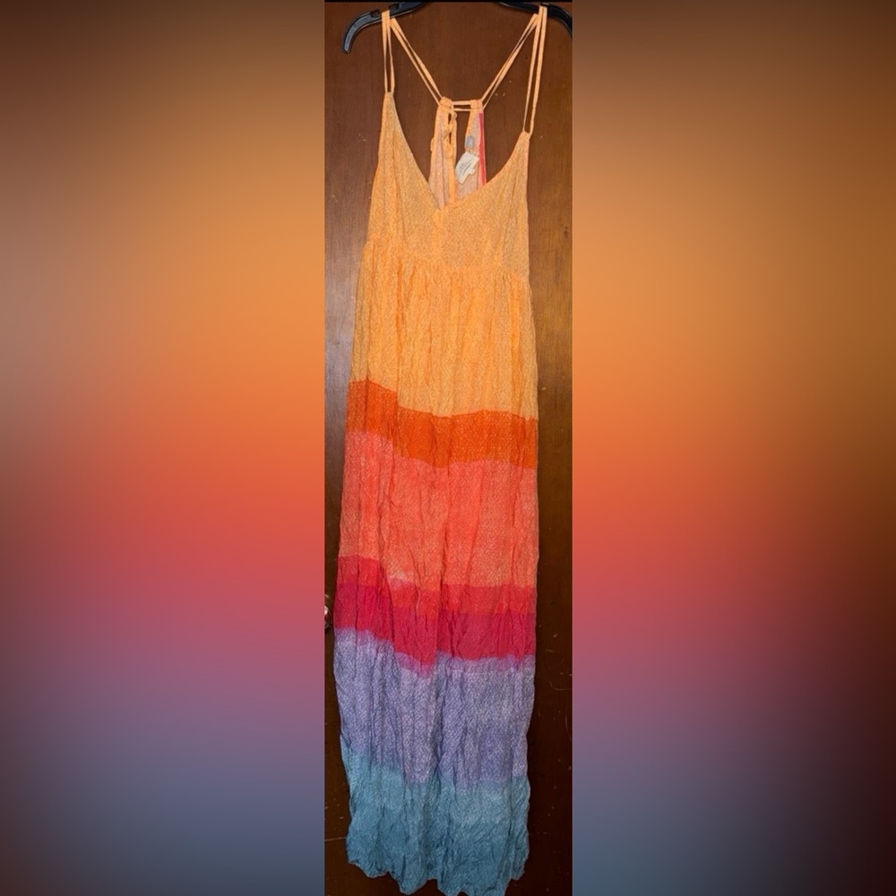 New Anthropologie Carla Weeks Setting Sun rainbow sunset tiered maxi dress